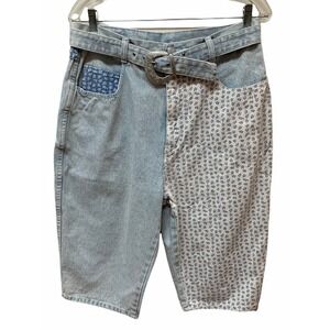Vintage Voyou Patchwork Mixed Print High Waist Long Denim Jean Shorts